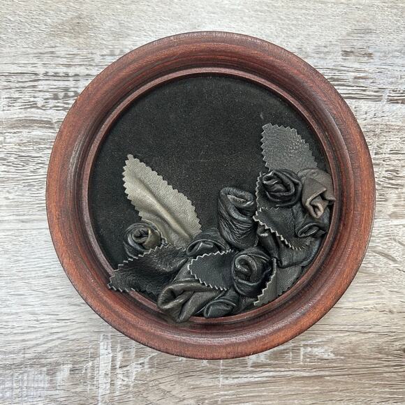 Vintage Leather Rose Wall Art Black Round Frame 7” Gothic Decor - Picture 1 of 4